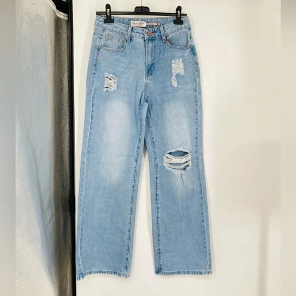 Blue High Waist Ripped Distressed Wide Leg Jeans Denim Pants - Picture 8 of 12